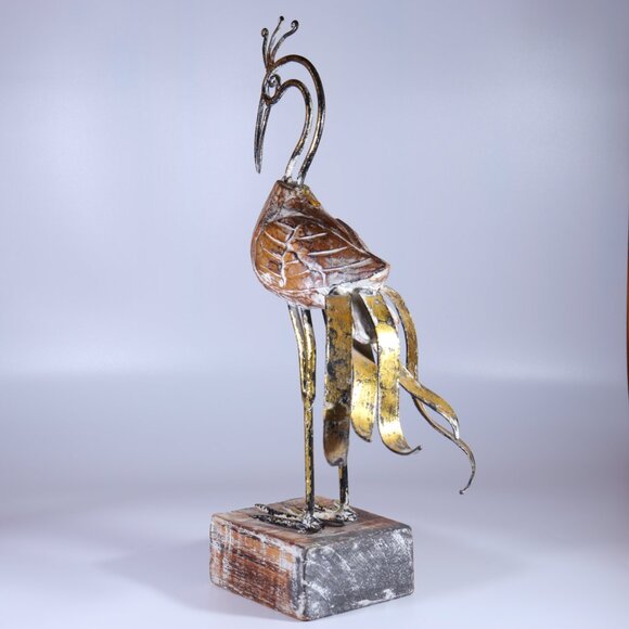 Wood & Metal Bird Peacock (?) Wood Base Figurine Decor Handmade 14" Height. - Picture 5 of 8